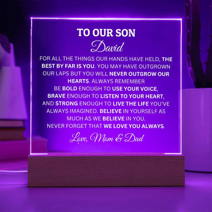 Personalized Acrylic Plaque For Son, To Our Son You Will Never Outgrow Our Hearts Acrylic Plaque