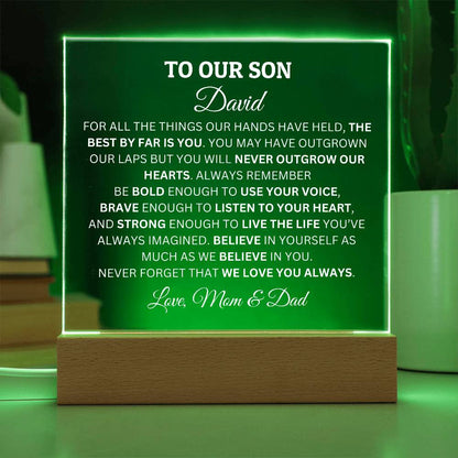 Personalized Acrylic Plaque For Son, To Our Son You Will Never Outgrow Our Hearts Acrylic Plaque