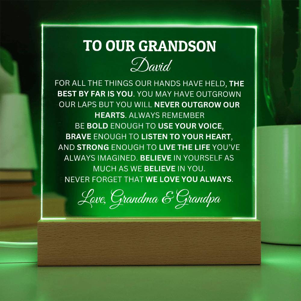 Personalized Acrylic Plaque For Grandson, To Our Grandson You Will Never Outgrow Our Hearts