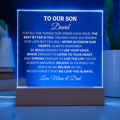 Personalized Acrylic Plaque For Son, To Our Son You Will Never Outgrow Our Hearts Acrylic Plaque