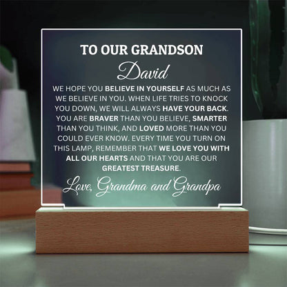 Personalized Acrylic Plaque For Grandson, To Our Grandson, We Believe In You Acrylic Plaque