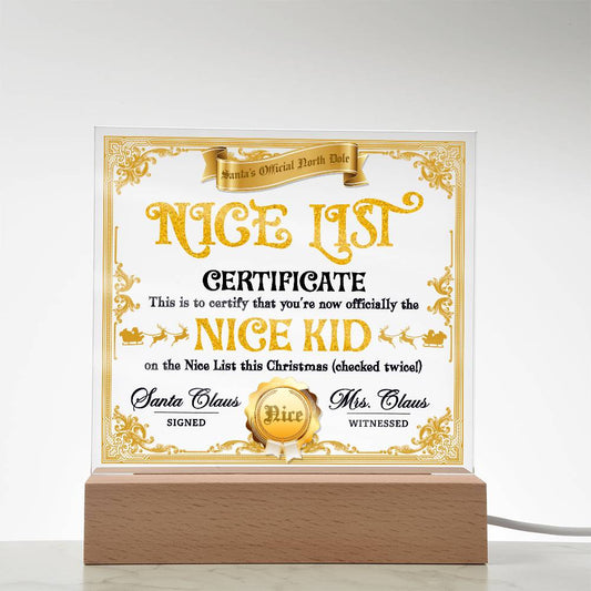 Nice List Certificate Acrylic Plaque | Night Light